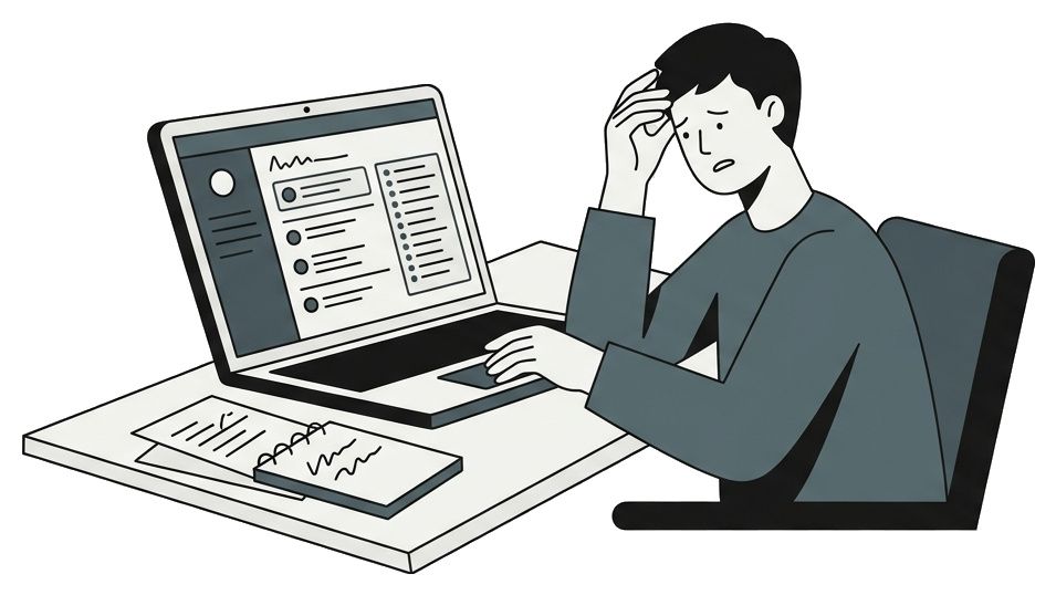 A candidate up late, stressed, reading a generic list of interview questions